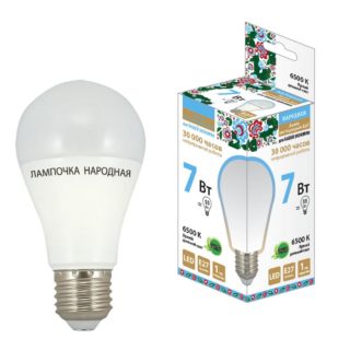 Лампа светодиодная НЛ-LED-A60-7 Вт-230 В-6500 К-Е27, (58х109 мм), Народная